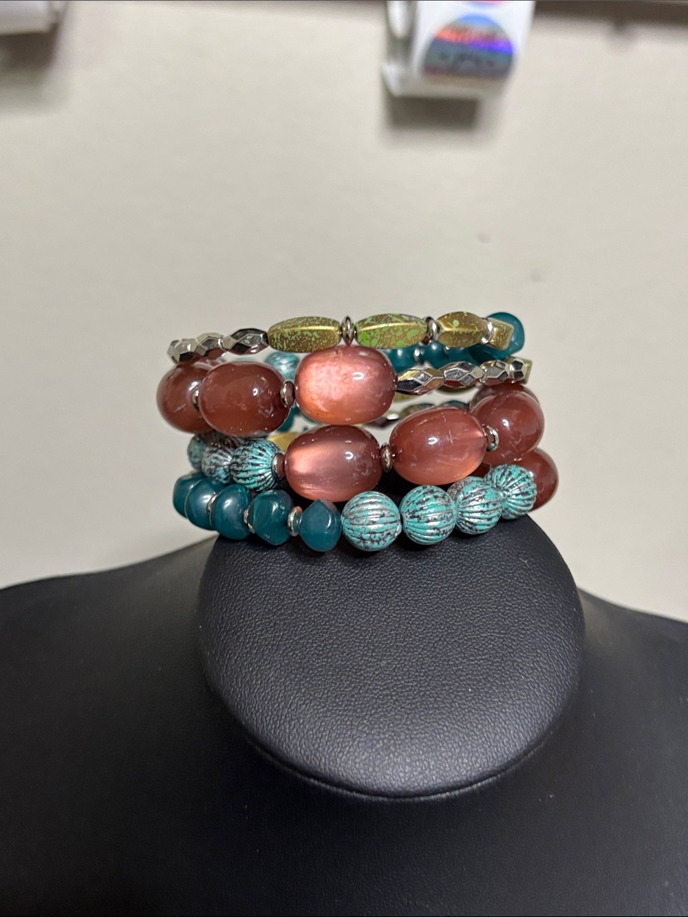 Stacked Acrylic Boho Western Bead Wrap Adjustable Statement Bracelet Teal Coral